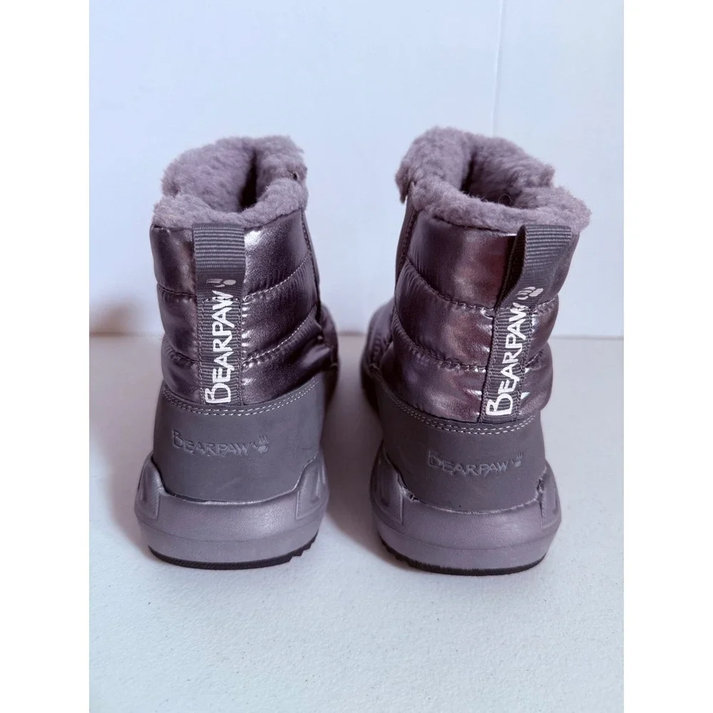 Bearpaw Women Grey Metallic Puffer Ankle Boots Faux Fur Lined Winter Size 9